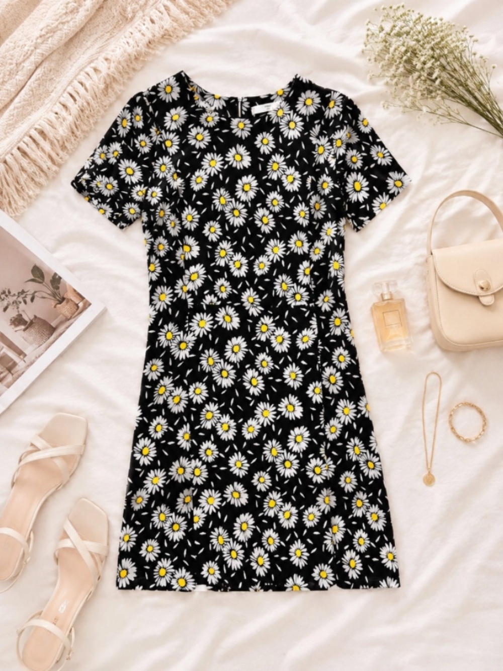 MANGO Daisy Floral Mini Midi Dress - Size 4 / Small White Black
